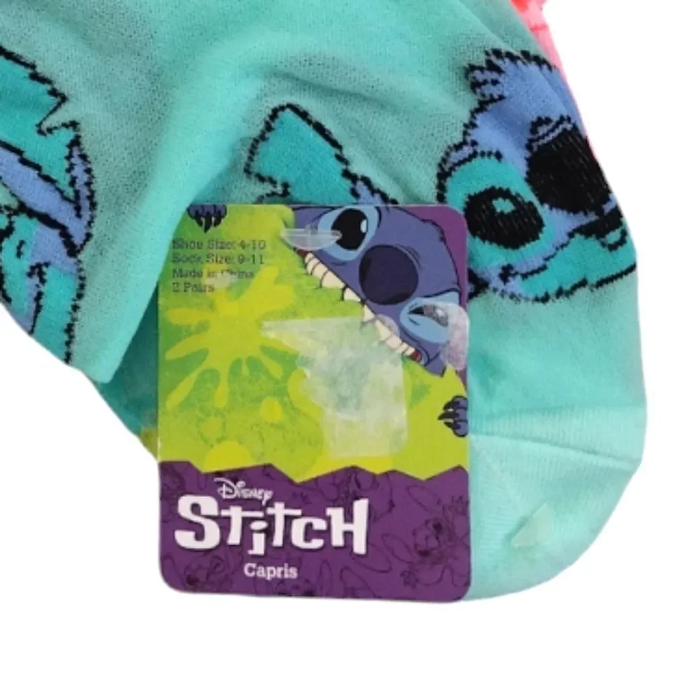 Disney Neon Stitch Prints 2 Pairs Nylon Mid Crew Capri Socks NWT